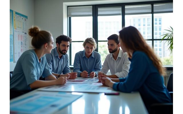 Diverse team collaborating in a modern, bright office, showcasing LyraPay's inclusive and innovative culture.