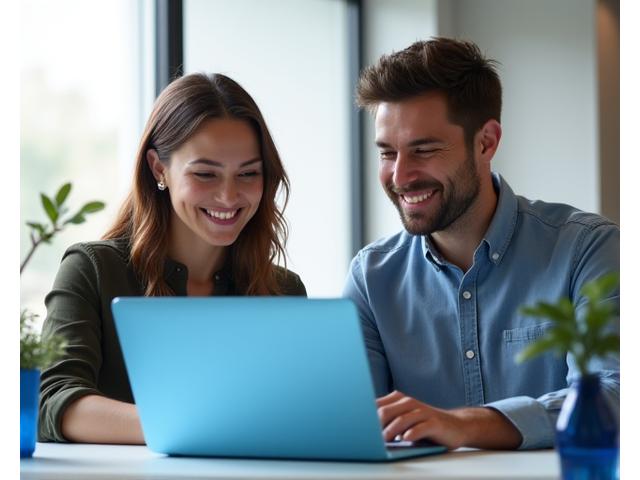 LyraPay customer success representative smiling and assisting a client on a laptop.