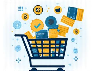 Illustration of a shopping cart with digital currency symbols, representing e-commerce integration.