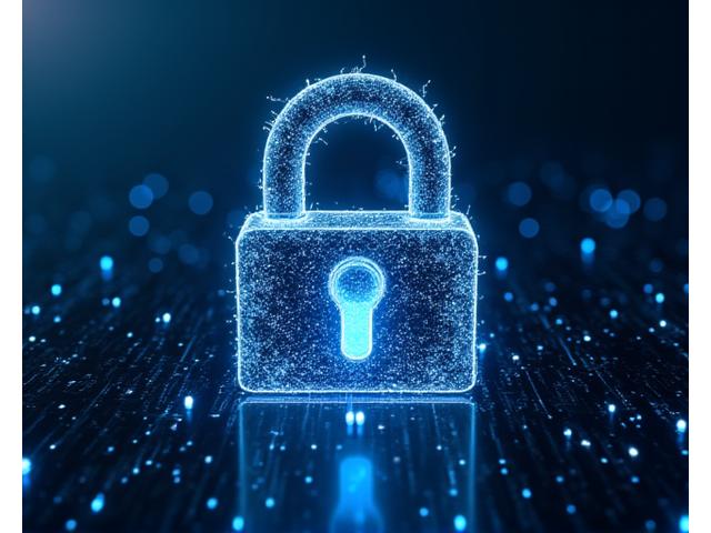 Digital illustration of a robust security padlock composed of code and binary data, protecting a network.