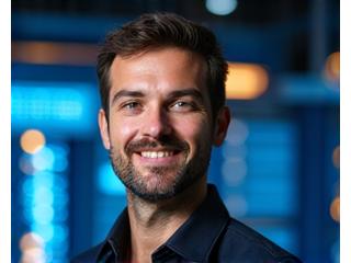 Profile icon of a male software engineer with stylized code in the background.