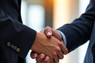 Two business people shaking hands, symbolizing partnerships.
