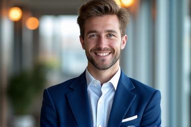 A business professional smiling, representing the sales team.