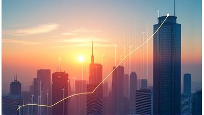 Image representing a growing startup, financial charts and a cityscape