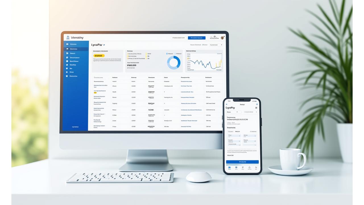Desktop and mobile screens showing a financial dashboard embedded within a platform, displaying payment processing and expense management features.