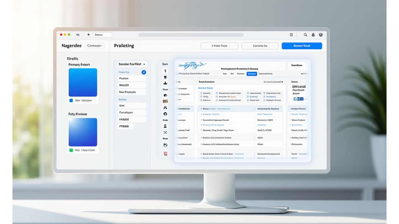 A digital interface showing customization options for branding, including color pickers, logo upload, and text fields, with a preview of a white-labeled financial product.