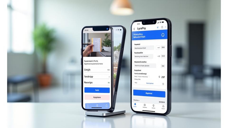 LyraPay mobile app interface displayed on an iPhone and Android phone, showing receipt capture, expense submission, and approval screens.