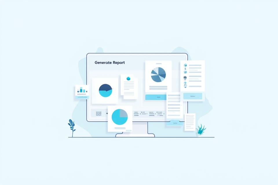 A collection of financial reports and charts on a computer screen, with a simplified interface for automated report generation and scheduling, emphasizing efficiency.