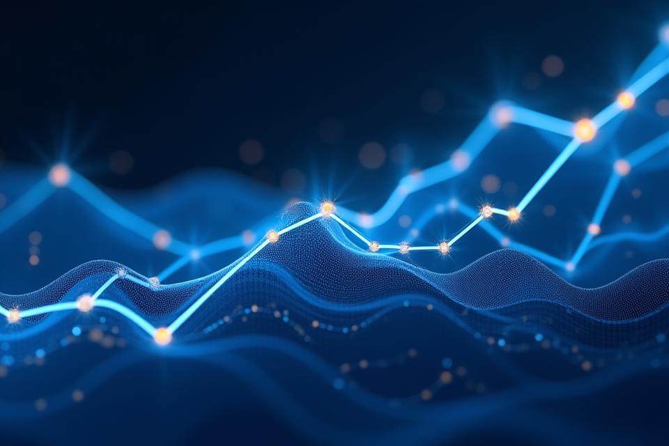 AI-powered financial forecasting model showing trend lines, future projections, and a representation of machine learning algorithms at work, in a modern, data-rich style.