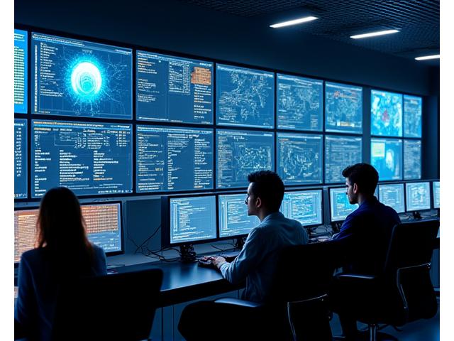 A team of cybersecurity experts working intensely in a modern, calm security operations center, displaying multiple screens with threat monitoring data.