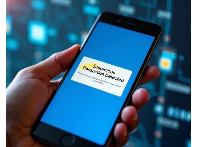 A mobile phone displaying a real-time alert notification about a suspicious transaction, with a background of a secure network diagram.
