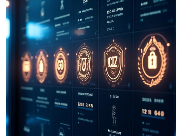 Various security and compliance certification badges (e.g., PCI DSS, ISO 27001, GDPR) displayed prominently on a secure digital wall, emphasizing LyraPay's adherence to standards.
