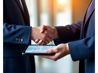 Hands shaking over digital financial reports