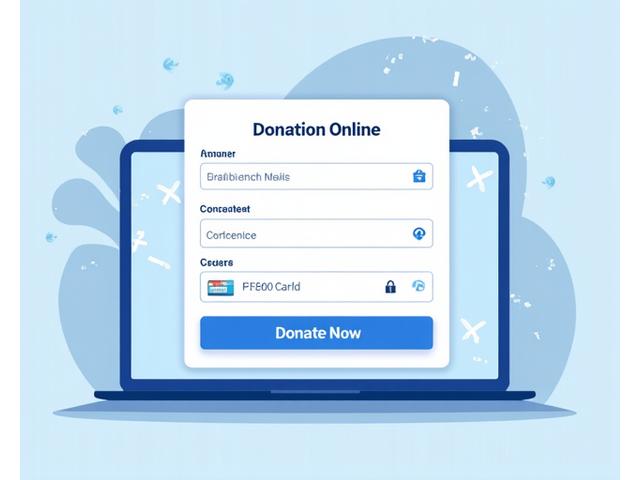 Illustration of a secure online donation form with credit card icons and a 'Donate Now' button, emphasizing ease of use and security.