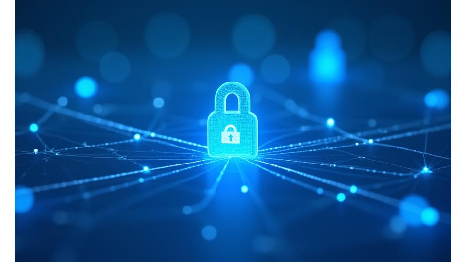 Illustration of digital locks and secure data flow representing LyraPay's commitment to data protection and compliance.