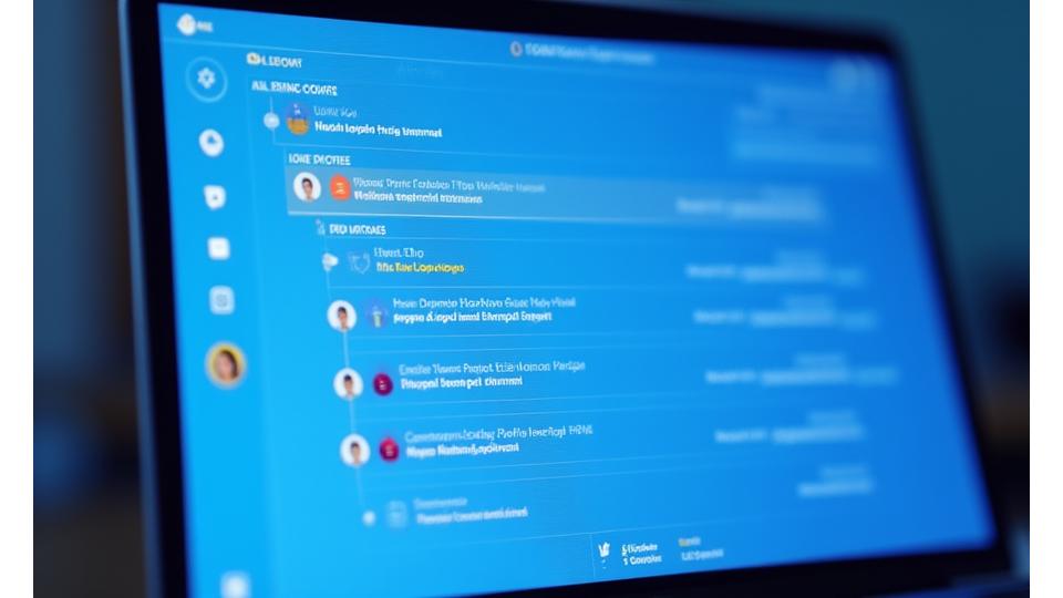 A screen showing a collaborative expense review interface with comments, notifications, and an approval timeline, used by multiple digital avatars representing team members.