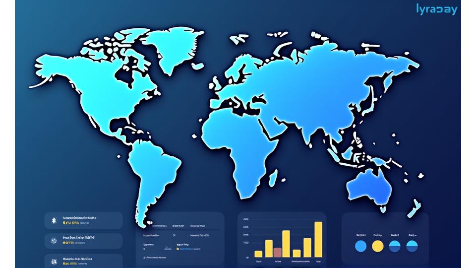 A dashboard interface showing a world map with currency symbols and data points, illustrating multi-currency transactions and real-time exchange rates.