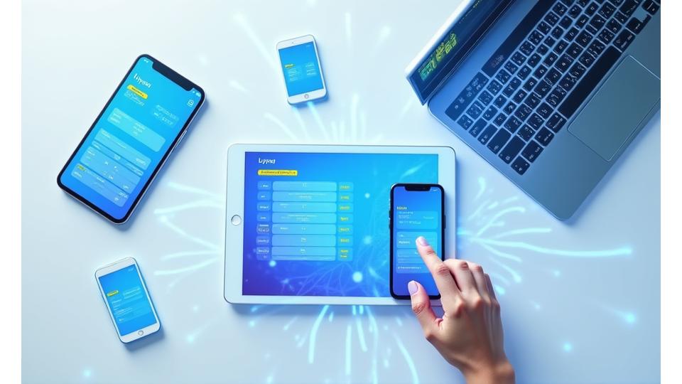 Hands holding various devices (smartphone, tablet, laptop) displaying LyraPay's expense management interface, interconnected by digital lines, signifying seamless workflow across different platforms and locations.