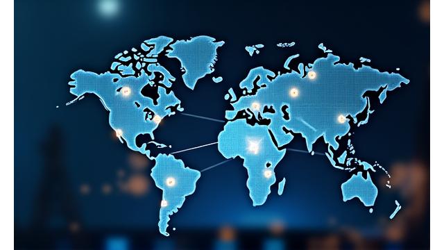 Global map with interconnected lines and digital icons representing a remote team processing expenses from various locations around the world on a digital interface.
