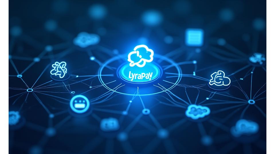 A visually engaging ecosystem map showing the LyraPay logo at the center, surrounded by logos of various popular remote work tools like Slack, Zoom, Asana, Google Calendar, and Salesforce, connected by flowing lines.