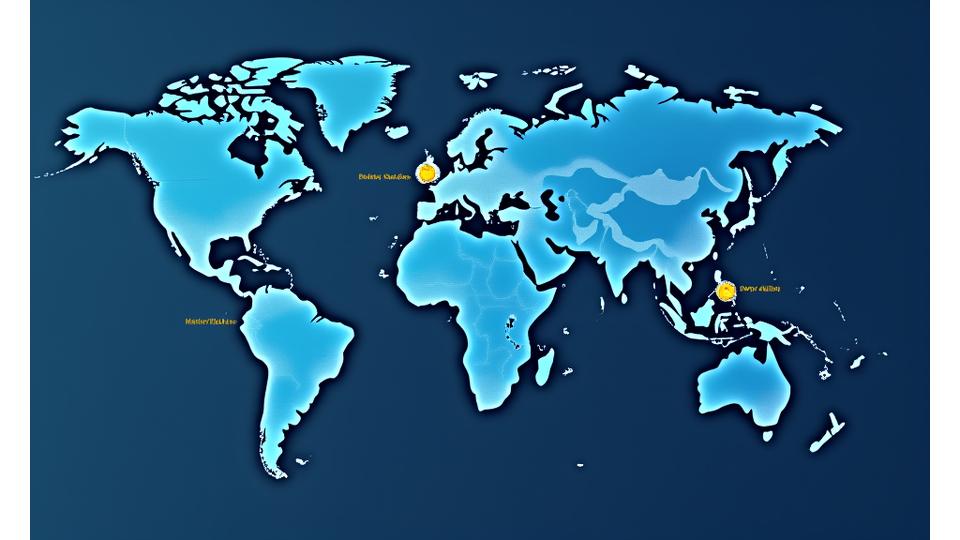 A digital interface displaying policy configuration rules with toggles and dropdowns, overlaid on a map showing different policy sets applied to various regions, symbolizing global policy enforcement.